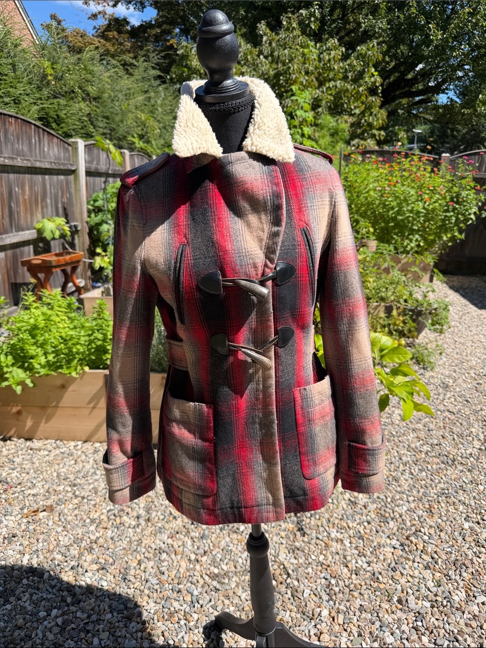 Comptoir des Cotonniers Wool Plaid Toggle Coat Sherpa Collar Size 34